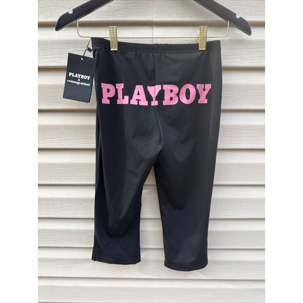 Playboy x Missguided Cropped Leggings Pink Bunny Logo Black XS Sexy Athletic